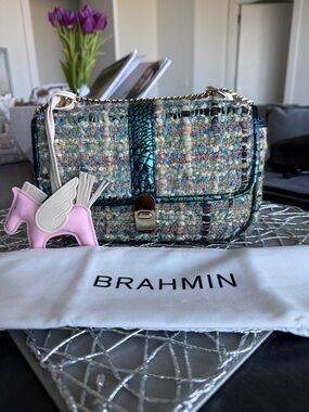 Brahmin Multicolor Tweed Crossbody with Teal Metallic Trim